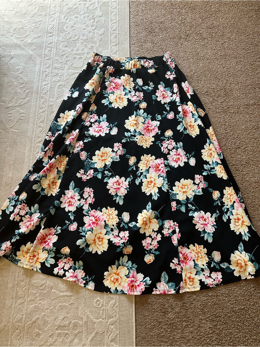 Floral A-Line Midi Skirt - Black with Yellow & Pink Flowers